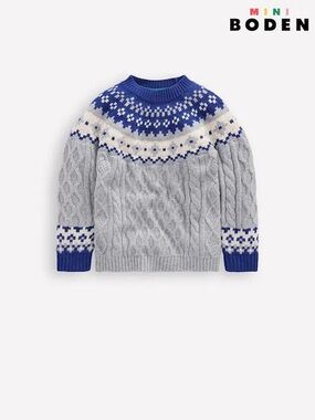 Mini Boden• NWT $70USD Cable-Knit Crewneck Sweater W Blue & White Fair Isle Yoke